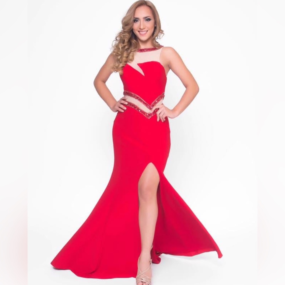 Rachel Allan 6937- Sz 2 - Red sleeveless gown w beaded neckline waist cutout.